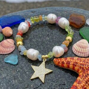 Y2K Beaded Bracelet Faux Pearl Coastal Star Charm Stainless Steel Gift Ready